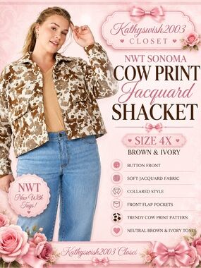 NWT Sonoma Cow Print Jacquard Button Up Shacket Sizes 4X Brown Ivory